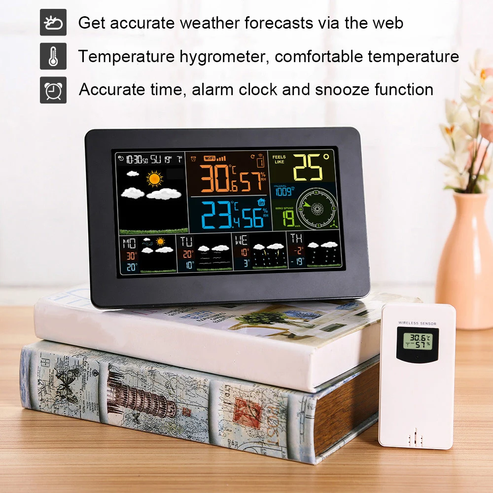 FanJu FJW4 Digital Alarm Wall Clock Weather Station wifi Indoor Outdoor Temperature Humidity Pressure Wind Weather Forecast LCD