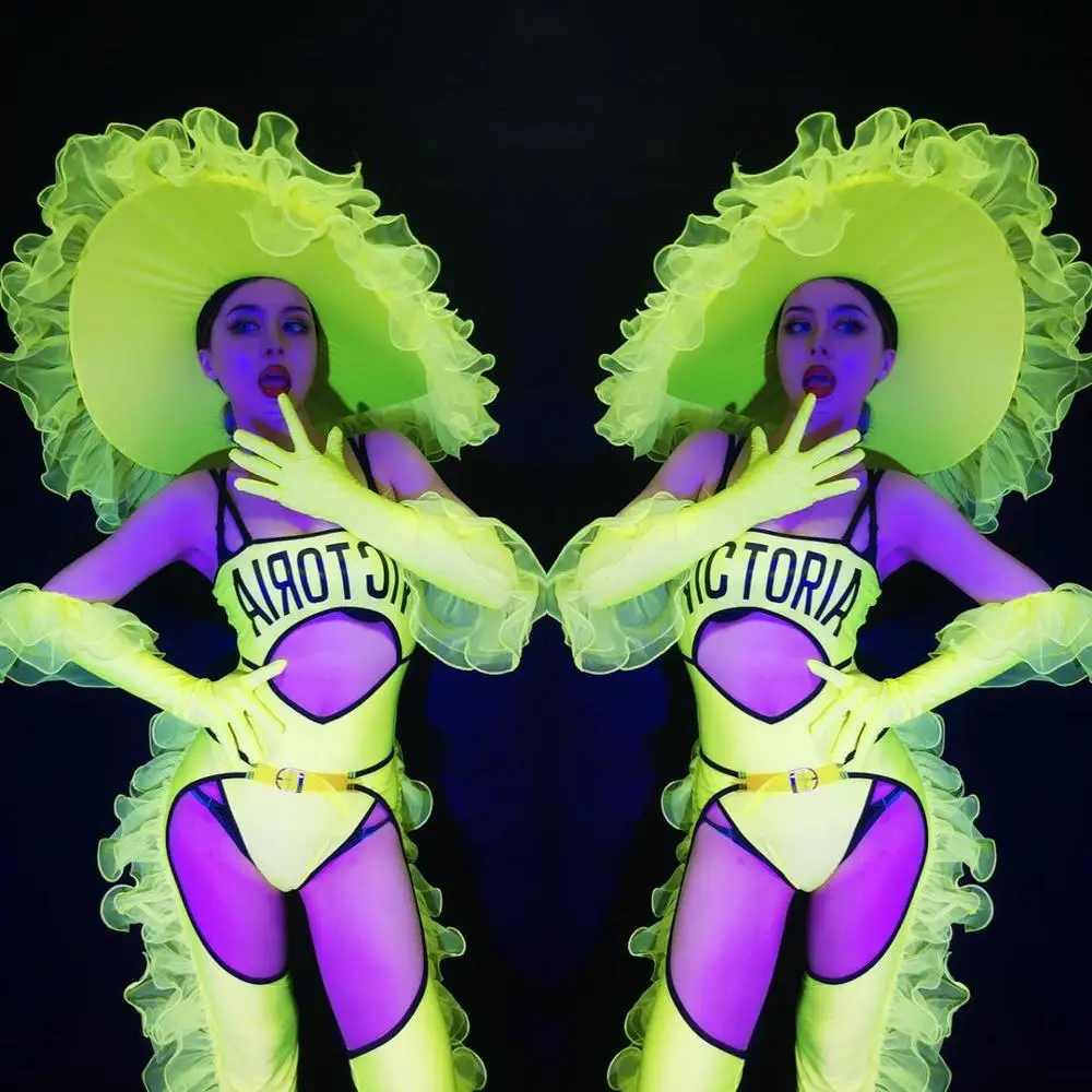 Nightclub Bar Fluorescent Green Bodysuit Crotch Pants Pole Dance Outfit Opening Show Wear Dj Ds Women Gogo Stage Costumes DN5943