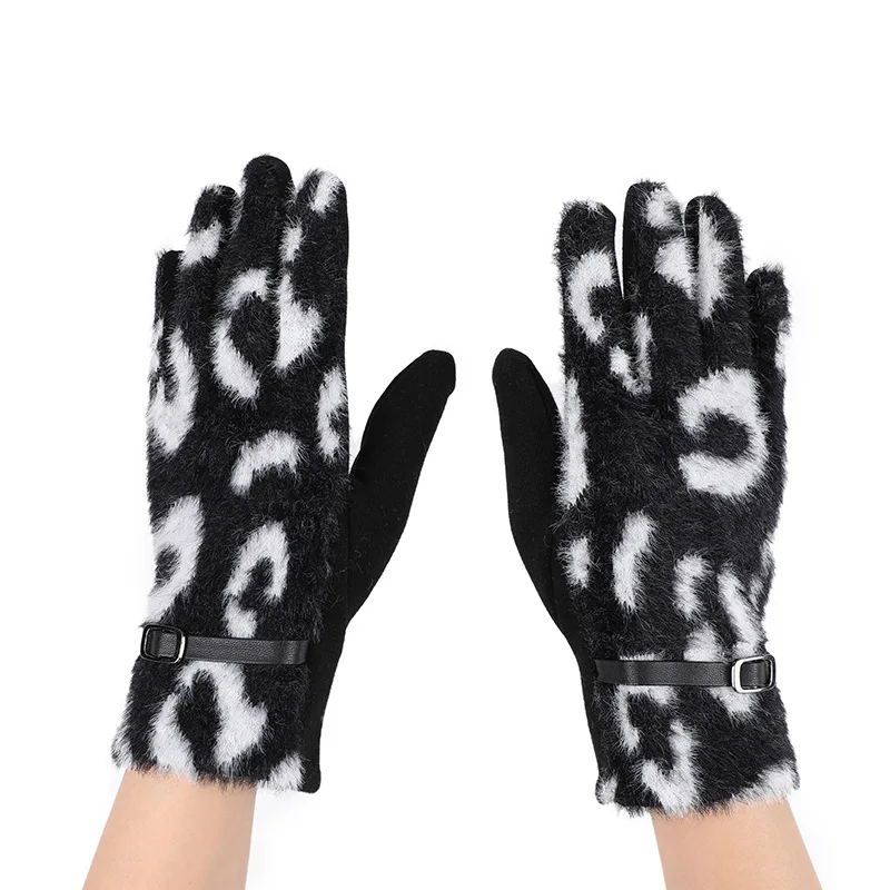 Fashion Leopard Mink Fleece Full Finger Cycling Women\'s Gloves Winter Plus Velvet Thick Buckle Touch Screen Driving Mittens R95