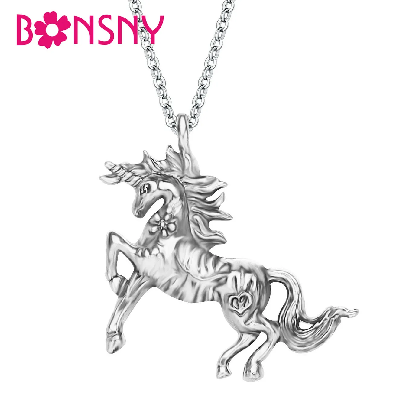 Bonsny Alloy Antique Silver Plated Unicorn Horse Necklace Pendant Choker Lovely Animal Jewelry For Women Girls Kid Fashion Gifts