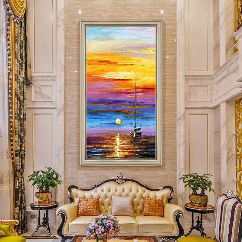 Hand-painted Oil Painting Decorative Painting Sunrise Paintings Continental Entrance Penthouse Floor Hollow Booming Large Mural