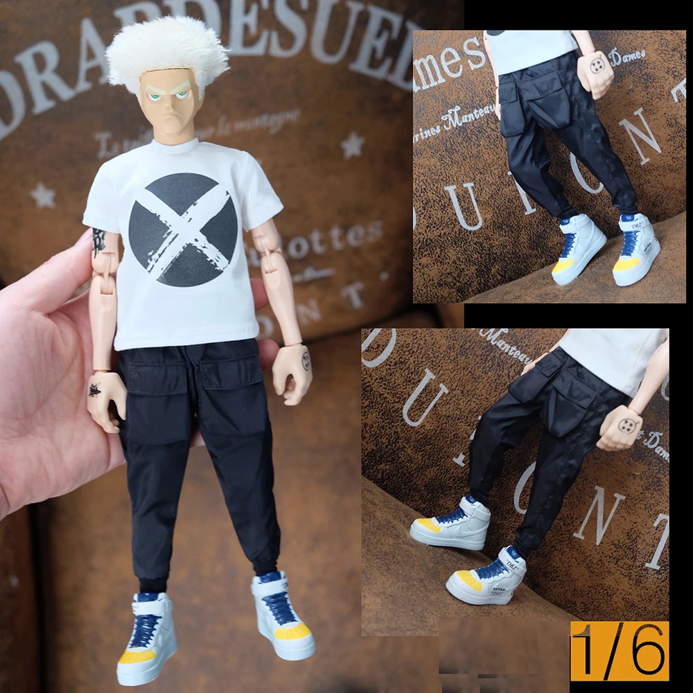 

In Stock 1/6th Fashion Trendy For Boys Guy White Short Sleeves Black Pant Model Can Suit 12inch Body Action Figures