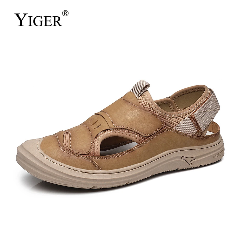 YIGER Man Sandals 2022 summer new men's hole shoes leather Beach shoes driving shoes Anti-collision shoes sandals Brand