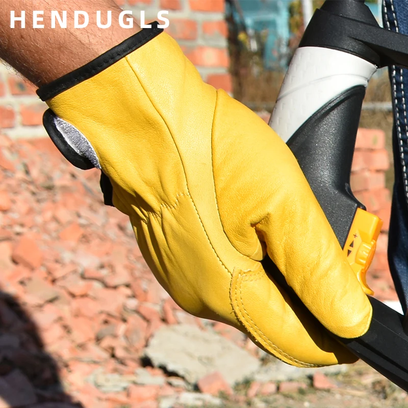 HENDUGLS Cowhide Work Gloves Yellow Men Hand Soft Construction Site Safety Leather Working Gloves Suit 5pcs Free Shipping 527NP