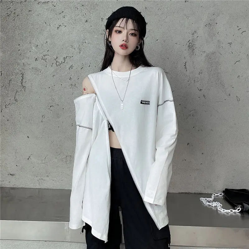 Spring Summer Streetwear Solid Long Sleeves T Shirt Women Double Oblique Zipper Hollow Shoulder Tshirts Casual Oversized Top Tee