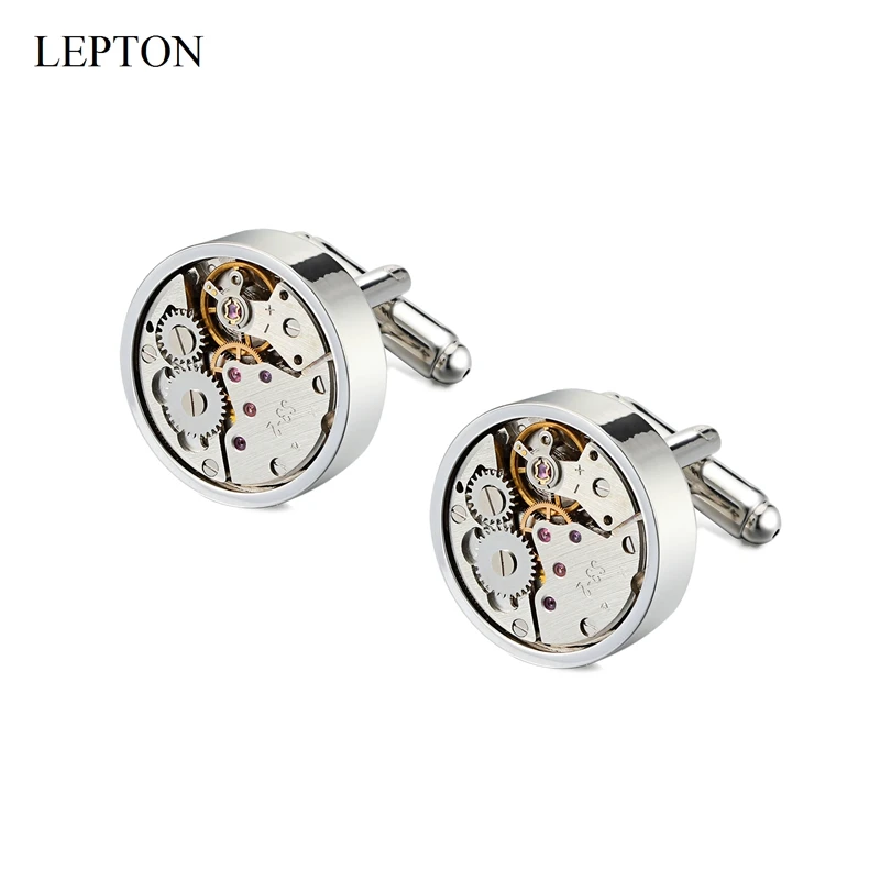 Lepton Non-Functional Watch Movement Cufflinks Wedding Groom Silver Color Round Steampunk Gear Watch Mechanism Cuff links