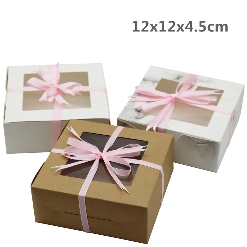 50Pcs 12x12x4.5cm Gift Boxes Wedding/Birthday Party Small Cakes Must-Have Packaging Paper Boxes With Pink Ribbon