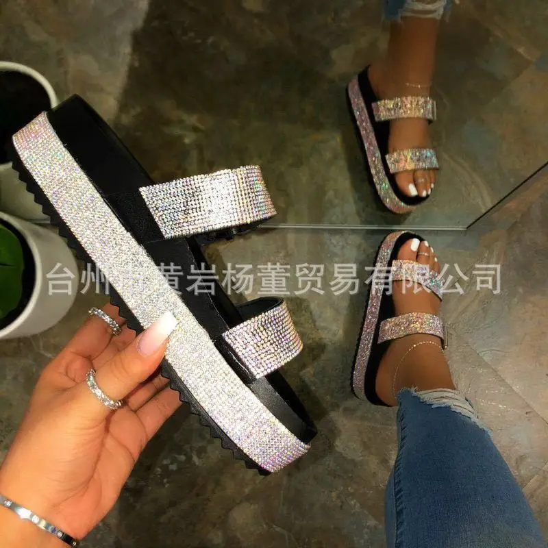 Women Summer Open Toe Comfy Sandals summer woman sandals Rhinestones PU Slip On 1-3CM Flat Toe Round Toe Shallow Comfy Soft