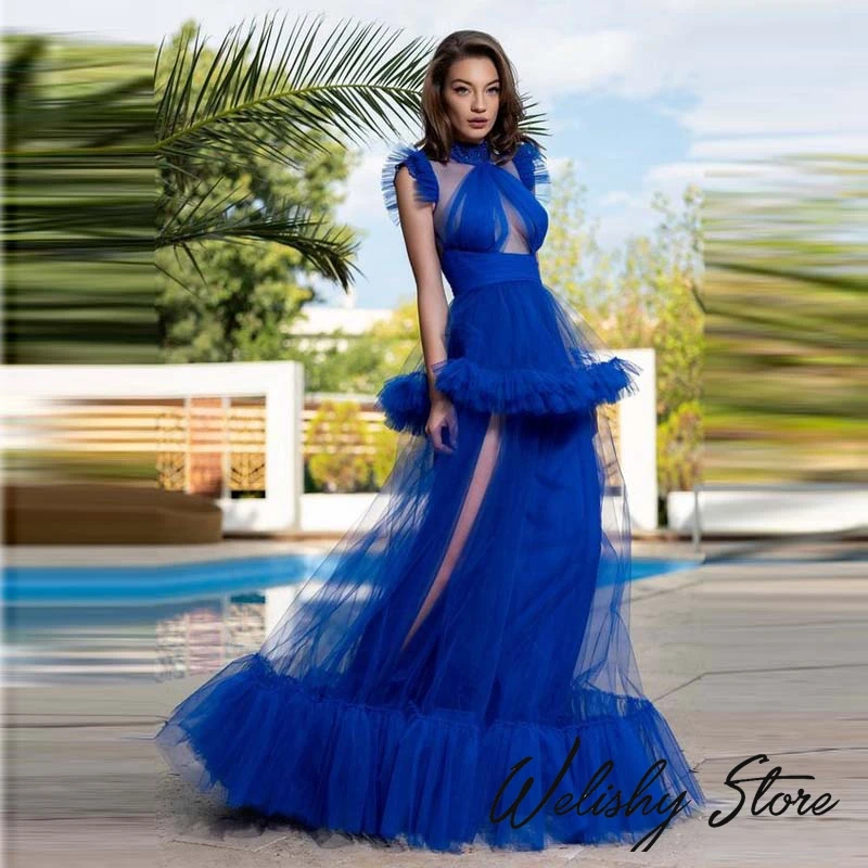 Elegant Royal Blue Ruffle Tulle Dresses 2020 Fashion Turtleneck Sexy Backless Tulle Party Gowns Sheer See Through Women Dress