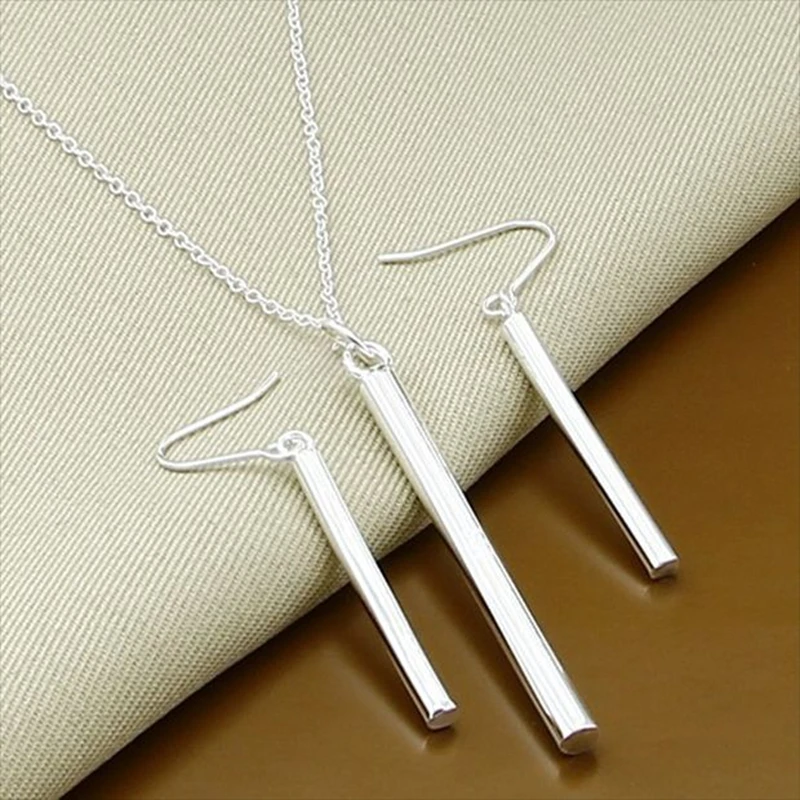 

New Style 925 Sterling Silver 18 Inch Cross Chain Square Column Necklace Earring Set For Women'S Wedding Engagement Party Jewelr