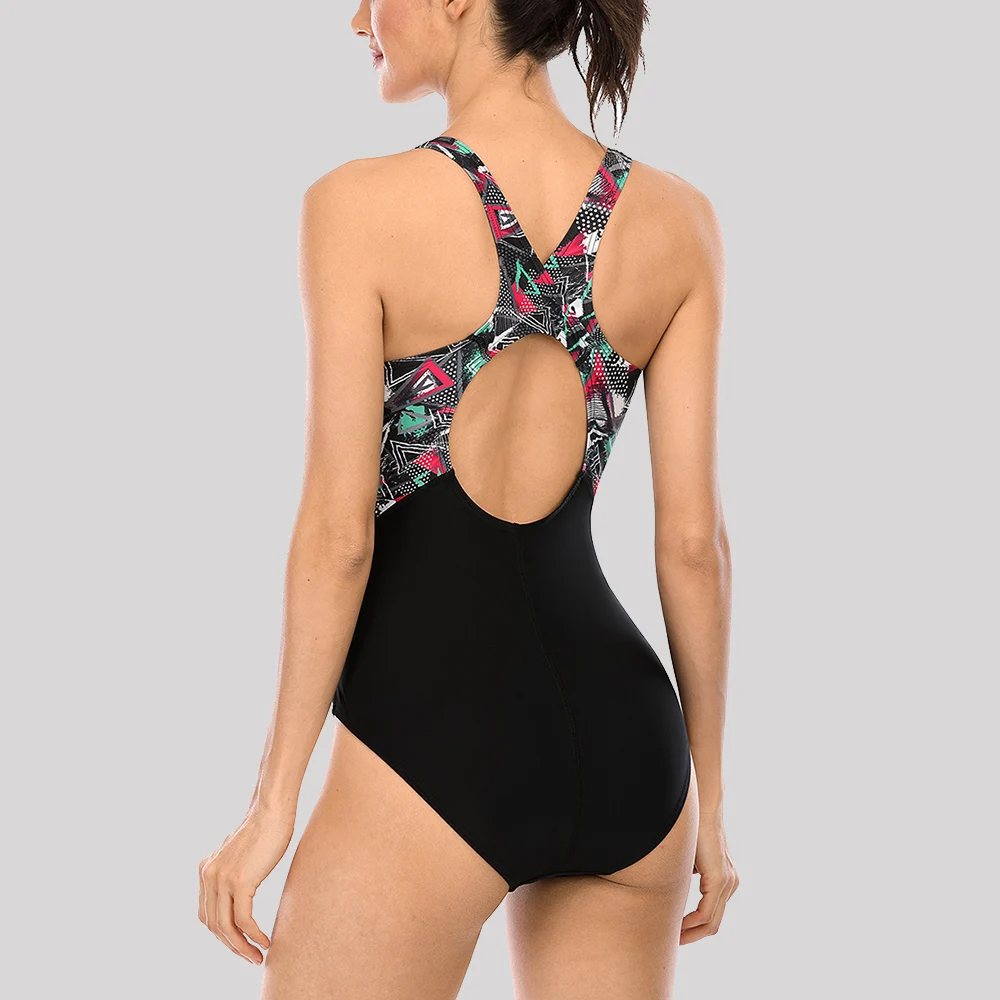 Attraco Women One Piece Sports Swimsuit Professional Sports Swimwear Colorblock Print Beach Wear Bathing Suit