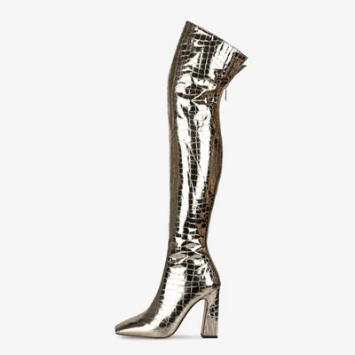 

Designer Plus Size 30-48 Sexy Super High Heel Over The Knee Boots Crocodile Women Gold Night Club Party Pole Dance Evening Shoes