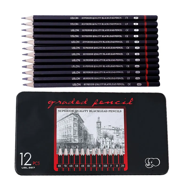 12 pcs/set Professional Sketch Drawing Pencil Set 2H H F B HB 2B 3B 4B 5B 6B 7B 8B Painting Drawing Pencils Stationery Supplies