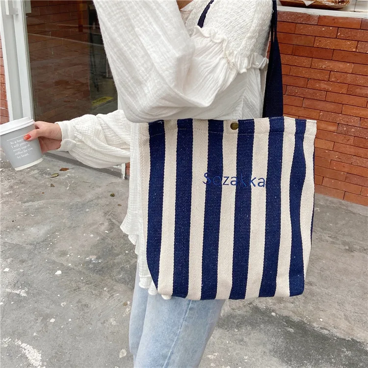 

Large capacity striped embroidery canvas bag simple shoulder bag retro student casual female cloth bag wholesale cotton tote bag
