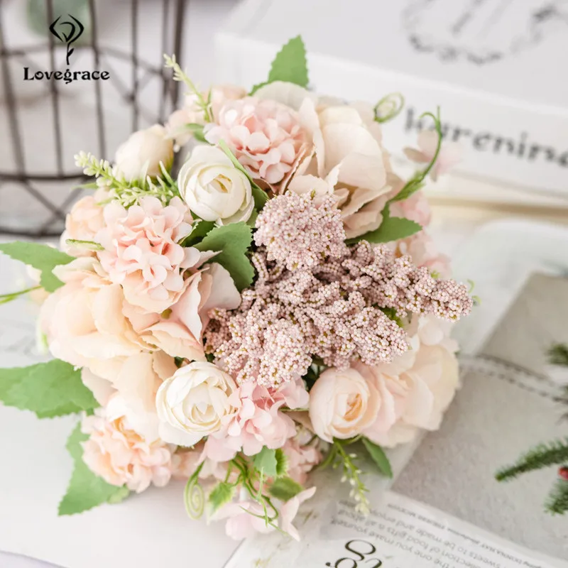 Buquê de flores artificiais de peônia, flor artificial, rosa falsa, casamento, buquê de decoração para casa, hotel, acessórios de mesa, seda interna