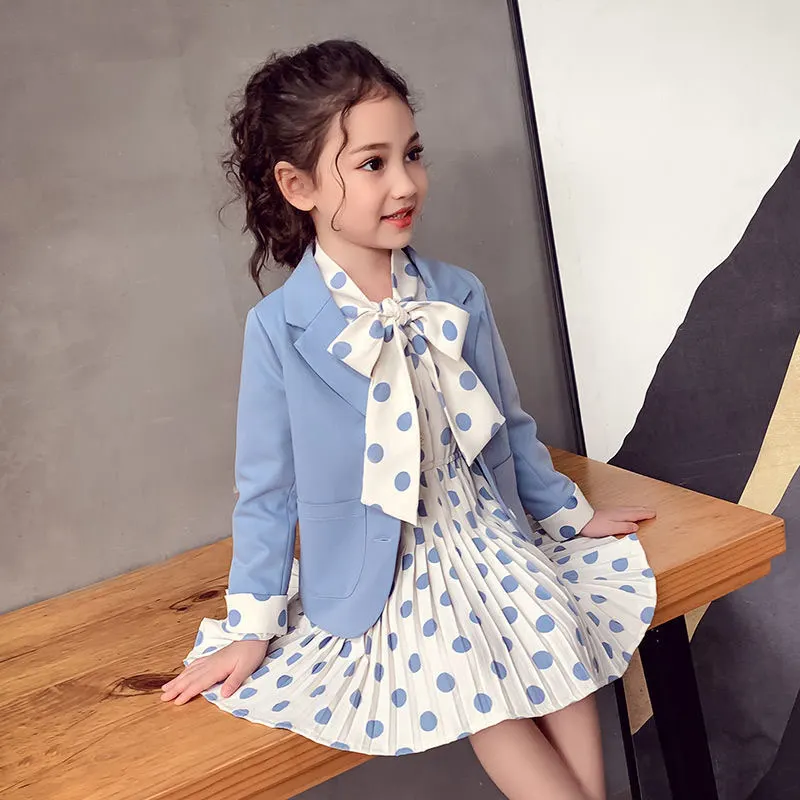 New children\'s clothing girls baby spring and autumn clothes girls casual blazer solid color dot dress cloth set suit