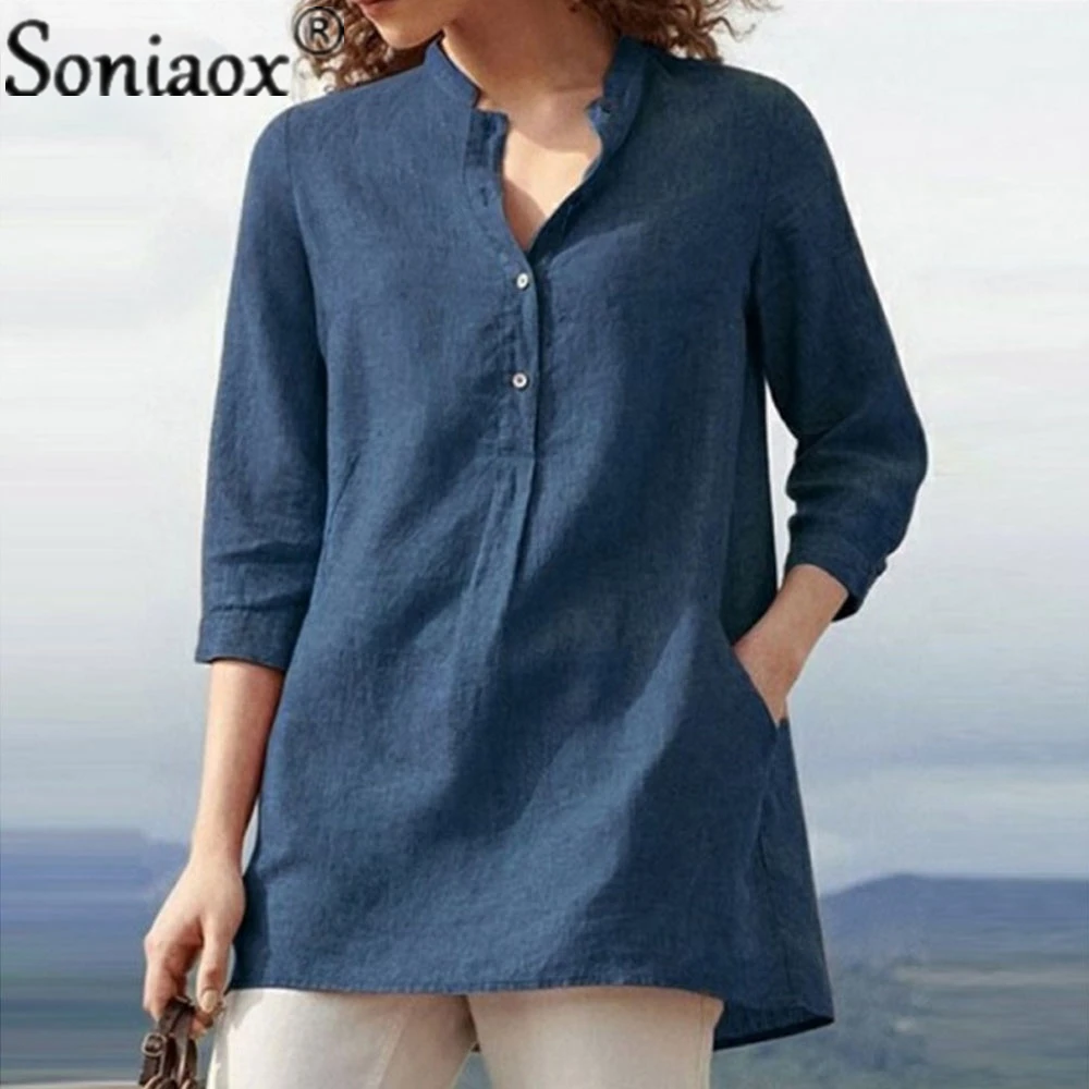 

2021 Summer Latest Women's Tops Casual Pullovers Cotton Linen Blouse 3/4 Sleeve Gray Shirt Blusas Femme Clothes