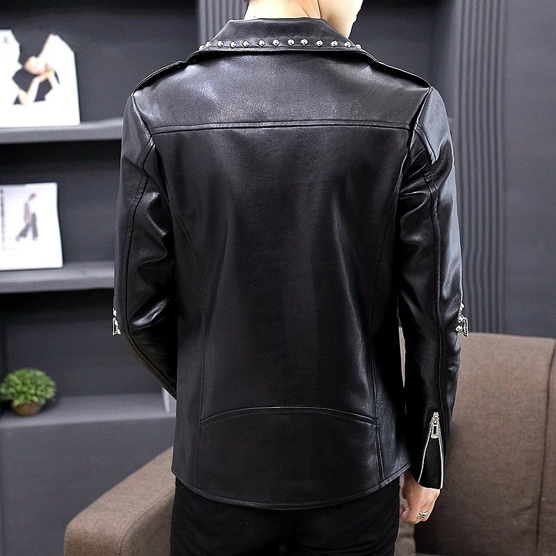 Men Personality Rivet Leather Jacket Fashion Punk Zipper Motorcycle Coat Teenager Nightclub Casual Pu Leather Lapel Slim Jacket