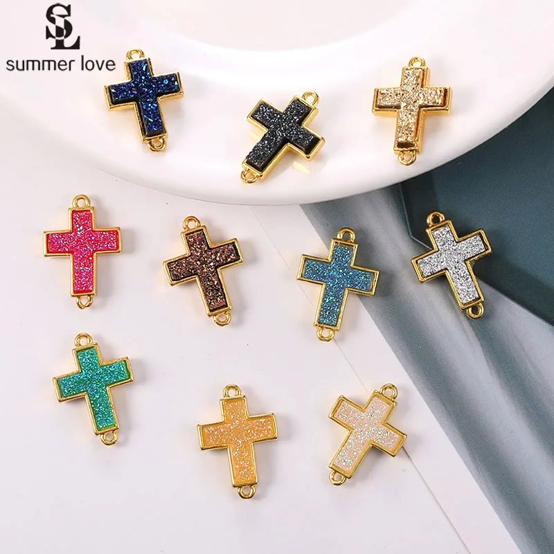 10PCS Golden Cross Resin Stone Bracelet Connector Jewelry Findings Diy Mini Druzy Pendant Charm Make Necklace Earrings Accessory