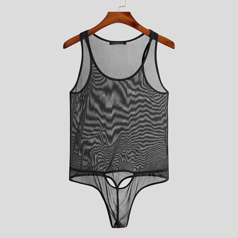 Men Mesh Bodysuits Solid Color See Through 2023 Underwear Sleeveless Pajamas Bodysuits Men Sexy Skinny Sleepwear S-5XL INCERUN