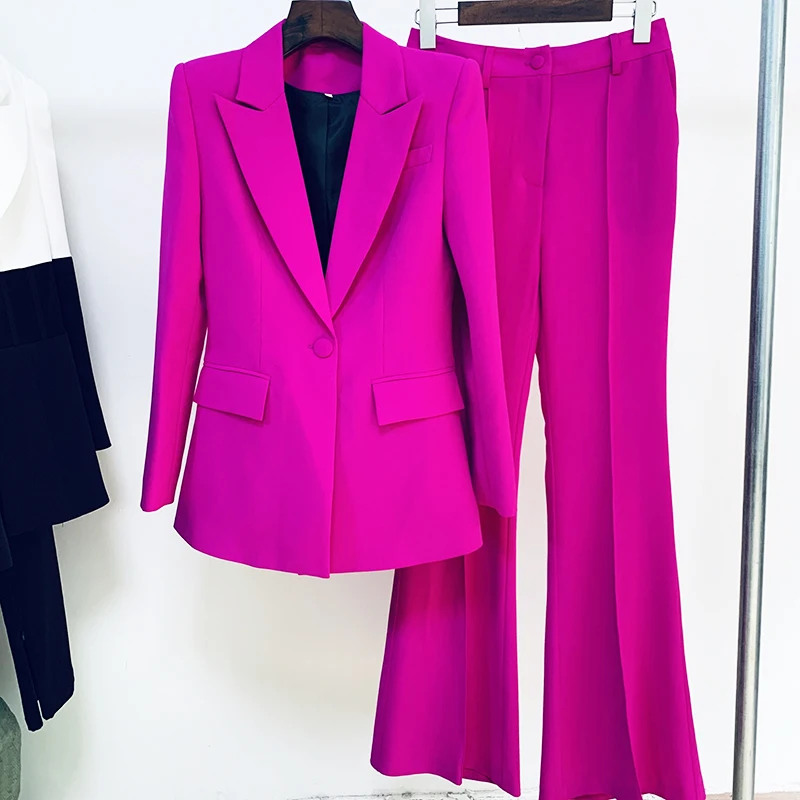 Conjunto de terno roxo fluorescente para mulheres, blazer de botão único, calças flare, designer de passarela, alta qualidade, mais novo, 2022