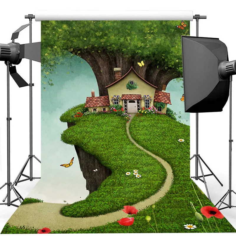 妖精ツリーハウスの背景緑の芝生花蝶子供の誕生日の写真撮影の背景新生児ベビーキッズ写真の背景