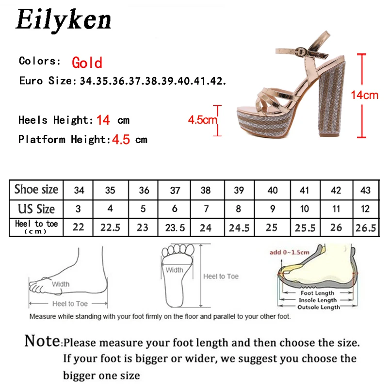 Eilyken Crystal Rhinestone Platform Thick High Heel Women Sandals Sexy Peep Toe Ankle Buckle Strap Party Gladiator Shoes