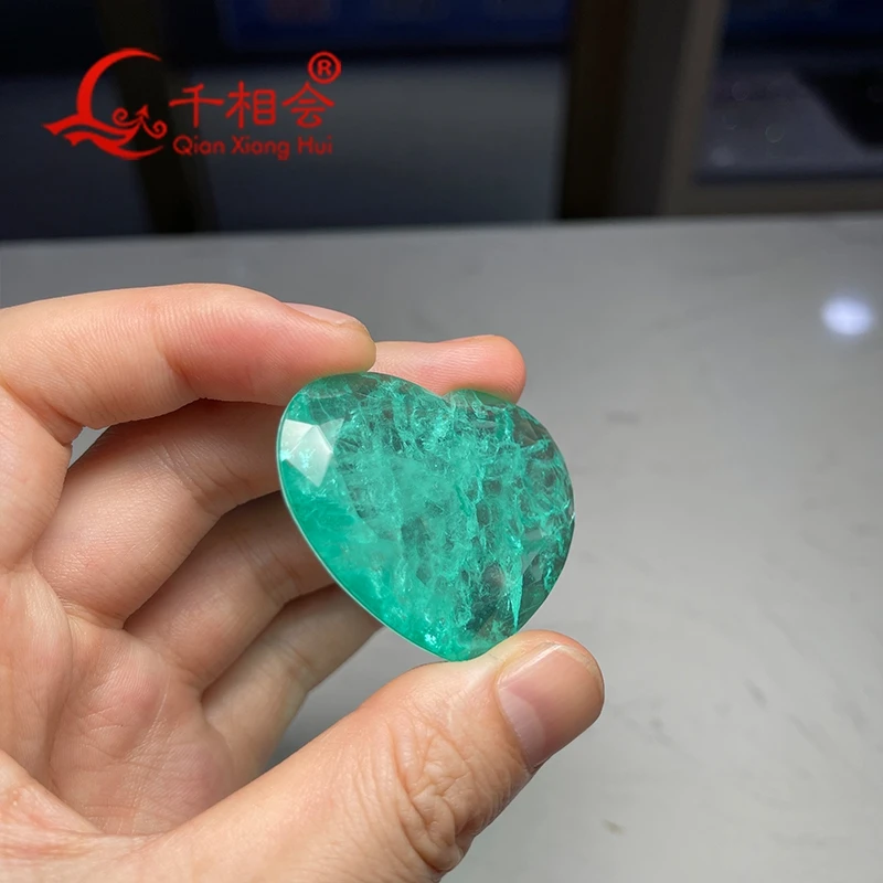 Natural white Crystal inclusions Heart Shape Stone 40x40mm with Added Glass Green Color Loose Paraiba Inspired Jewelry Gemstone