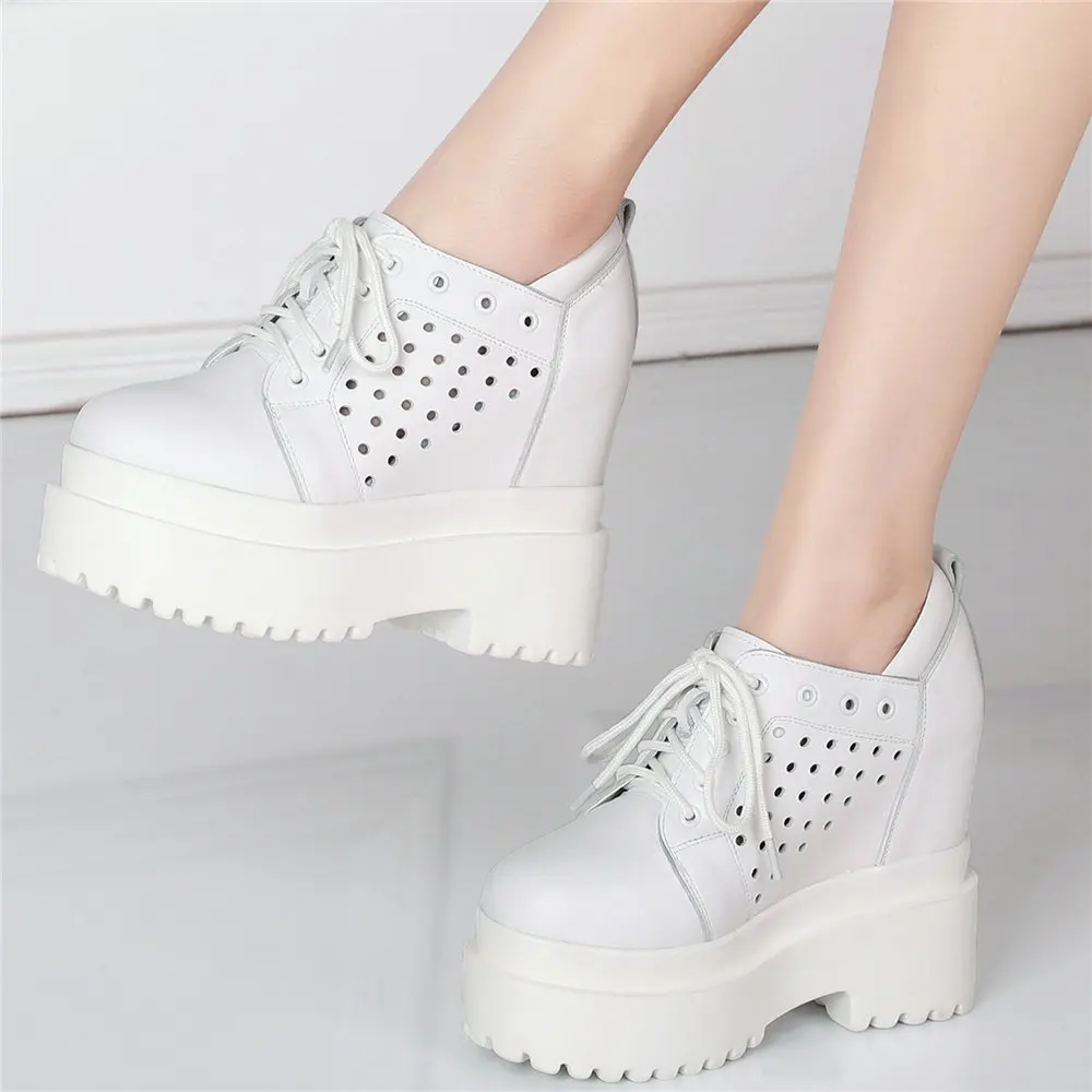 Breathable Pumps Shoes Women Genuine Leather Wedges High Heel Ankle Boots Female Round Toe Summer Fashion Sneakers Casual Shoes