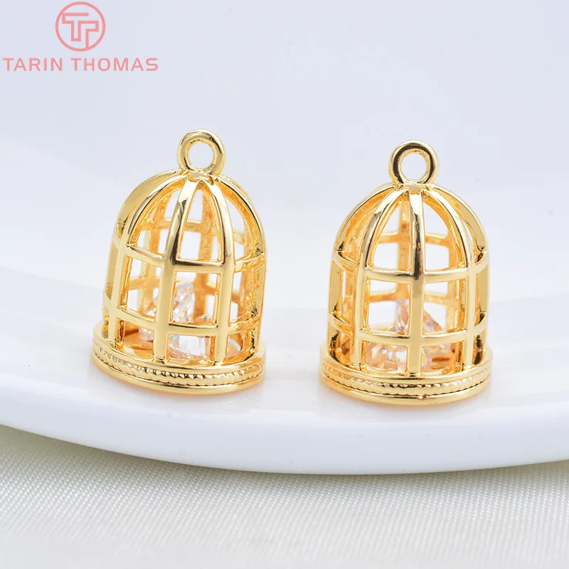 (510)6PCS 12x9MM 24K Gold Color Brass with Zircon Hollow Birdcage Charms Pendants High Quality DIY Jewelry Making Findings