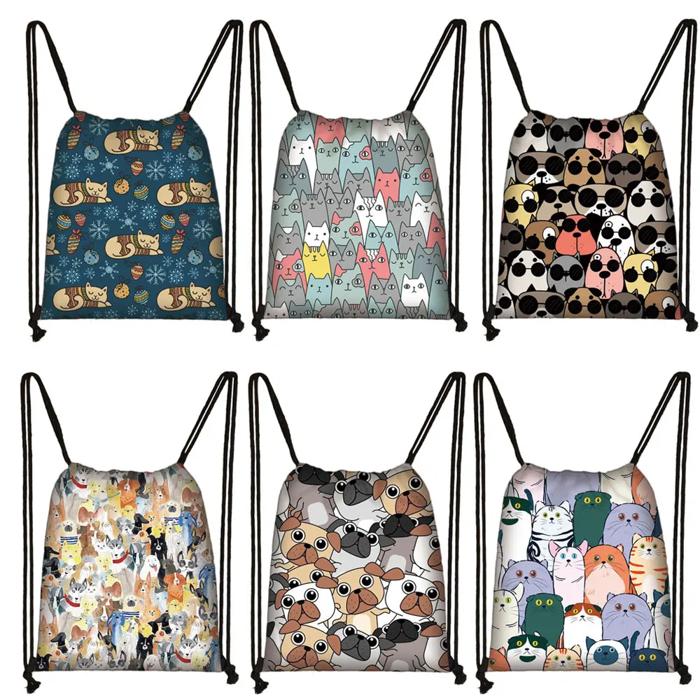 Kawaii Cartoon Dog Cat Backpack Women Drawstring Bags Canvas Shoulder Bag for Travel Girls Rucksack Storage Bags Shoes Holder