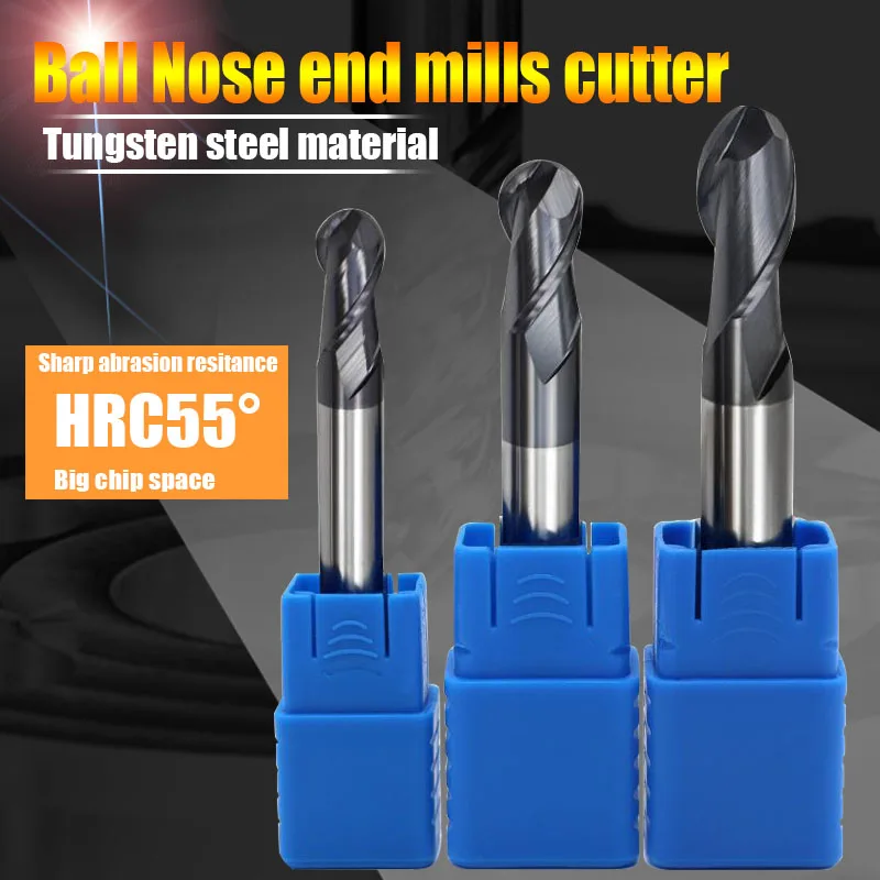 TUGE Tools HRC55 2Flute Hard Alloy Carbide Tungsten Steel Milling Cutter AITiN Coating Ball Nose End Mills For Metal Alloy