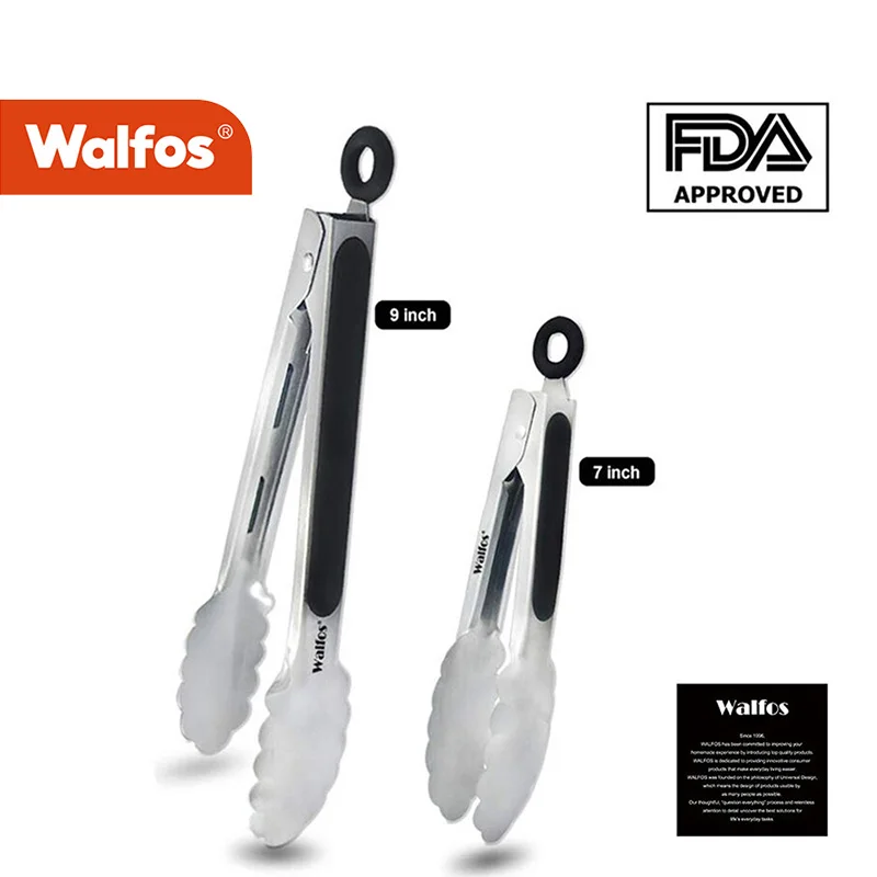 

WALFOS Kitchen Tongs 430 Premium Stainless Steel Metal Kitchen Tongs Non-Slip Heat Resistant Handle Great for Cooking Salad