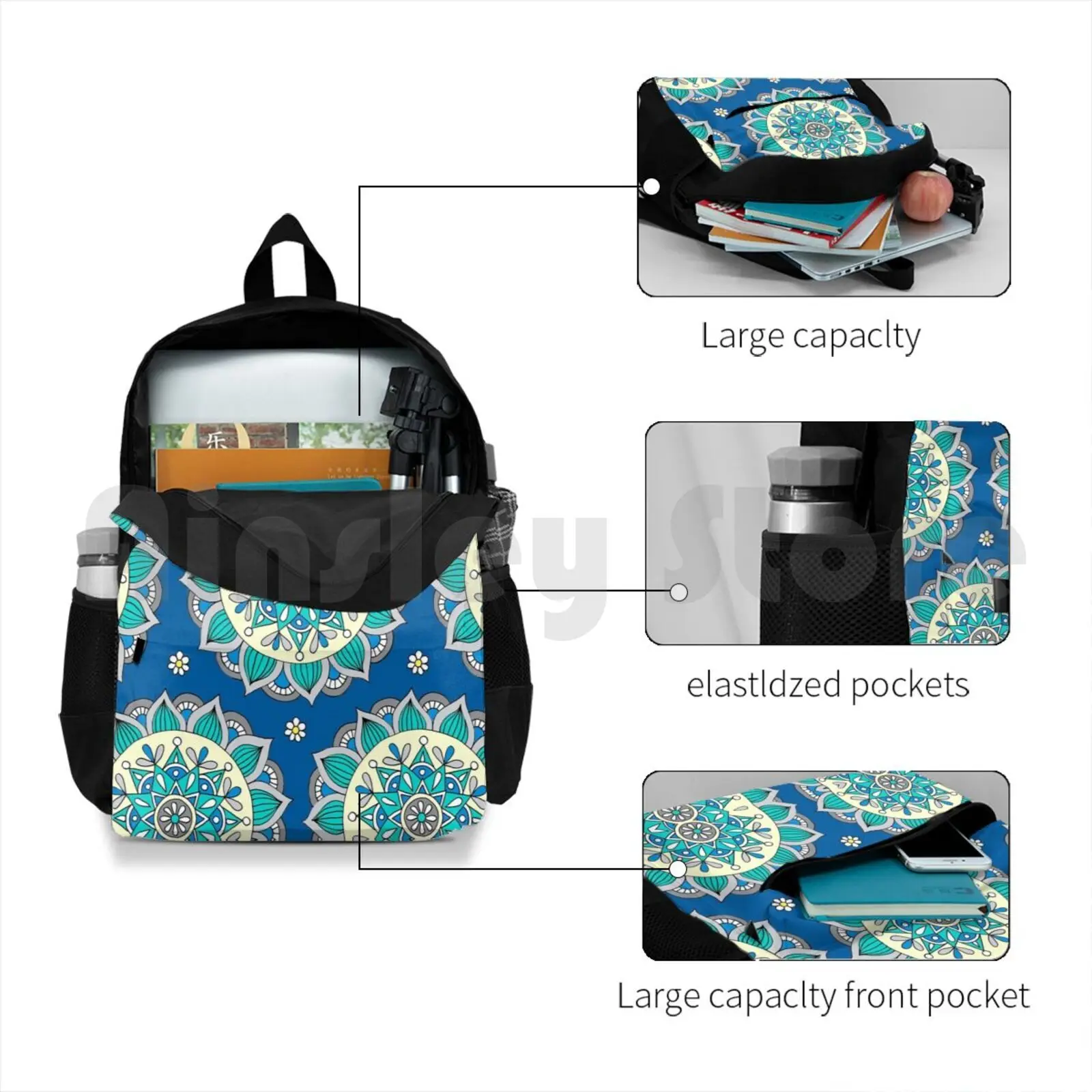 Blue & Cream Mandala Outdoor Hiking Backpack Riding Climbing Sports Bag Mandala Bohemian Pattern Boho Blue Aqua