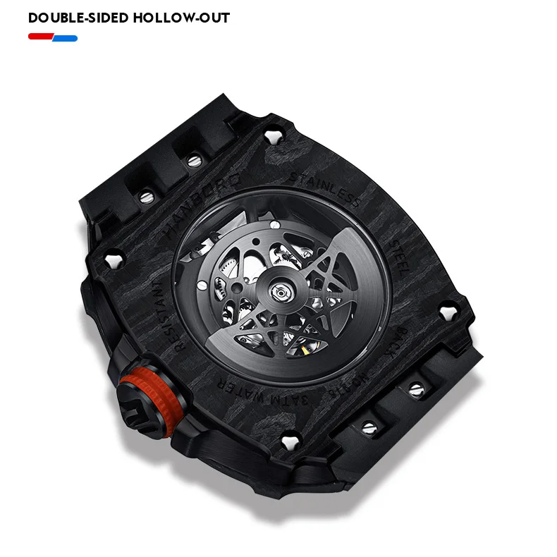 HANBORO Orologio automatico da uomo Orologi di lusso Orologio da polso meccanico maschile Cassa tonneau luminosa Lunetta in fibra di carbonio Cinturino in caucciù