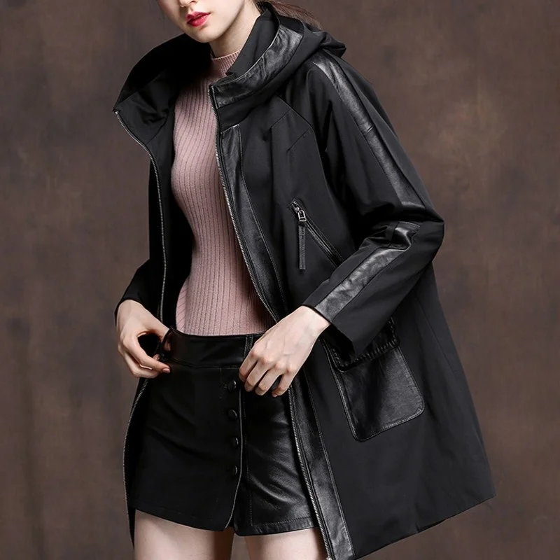 Winter Autumn New Genunie Leather Patchwork Cotton Coats Medium Length Loose Casual Sheepskin Windproof Female Hooded Jackets