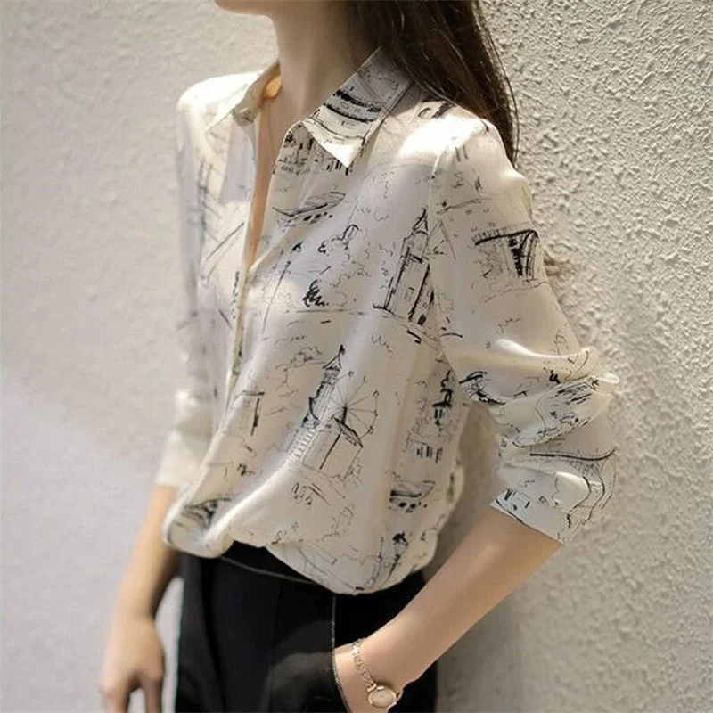 Women\'s printed chiffon Shirt Lapel long sleeves Summer thin Feminine Floral Tops loose Base shirt top trendy Female Blouse