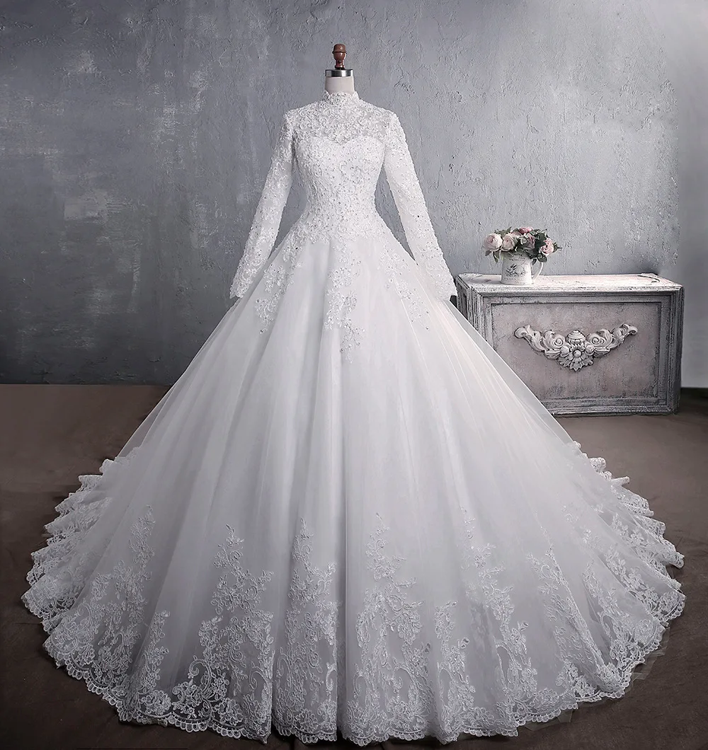 Abito da sposa musulmano 2021 elegante collo alto con treno abito da sposa principessa abito da sposa con ricamo in pizzo di lusso Vestido De Noiva