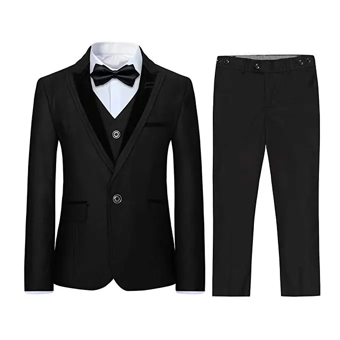 Trajes formales negros de 3 piezas, chaqueta Tux ajustada con solapa de pico clásico, chaleco, pantalones, fiesta de cumpleaños y boda