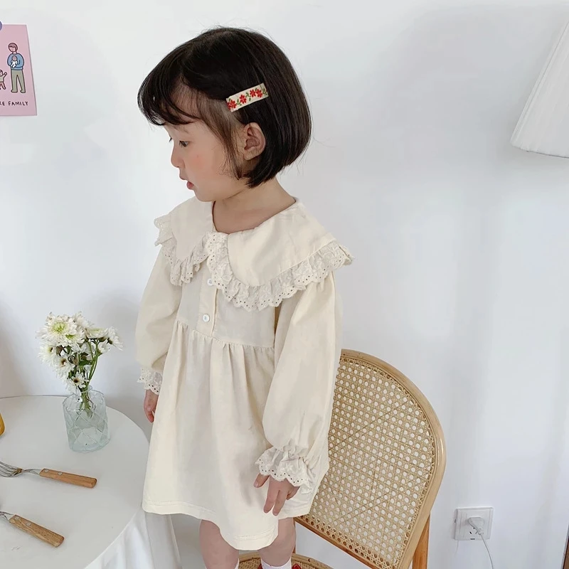 Spring Fall kids dress for girls lace patchwork Korean style cute girls long sleeve turn-down collar party princess dresses