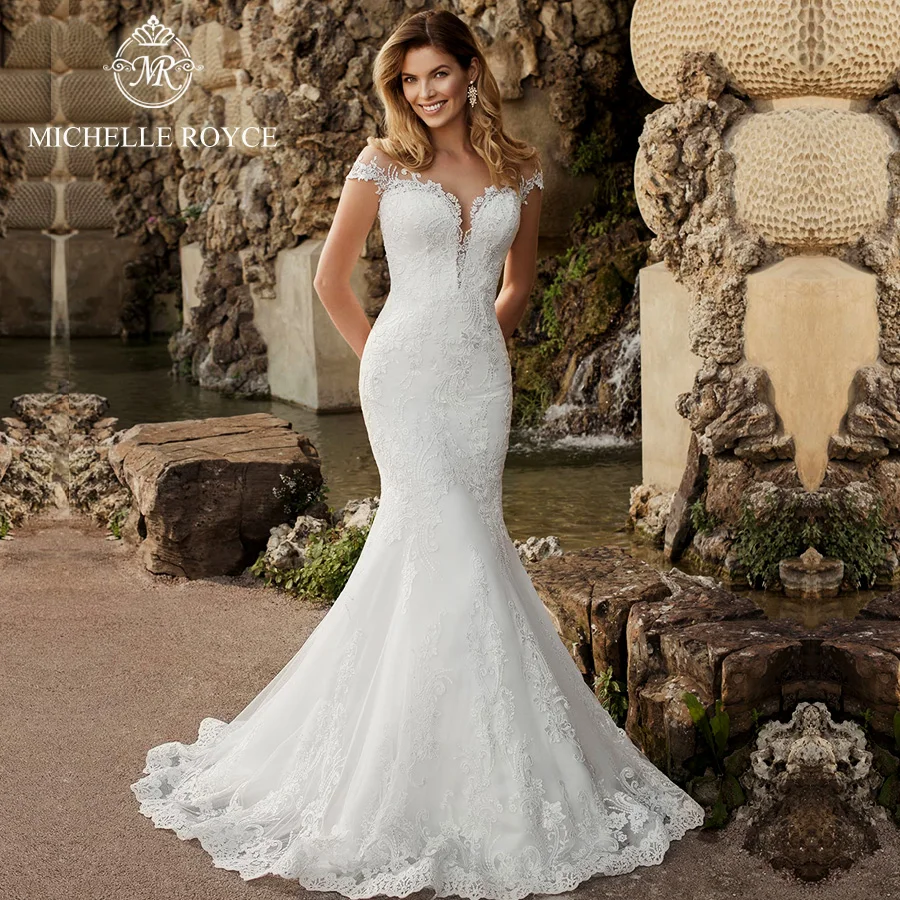 

Michelle Royce Mermaid Wedding Dresses 2020 Sweetheart Off the Shoulder Appliques Button Romantic Court Train Vestido De Novia