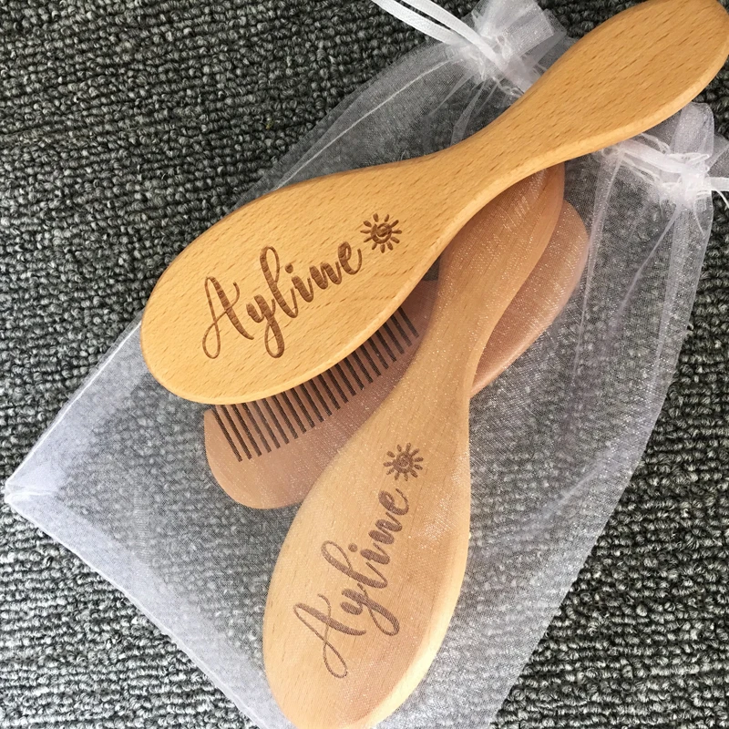 Personalized Baby Care Hair Brush Pure Natural Wool Wood Comb ,  Engraved Newborn Massager Baby Shower and Registry Gift