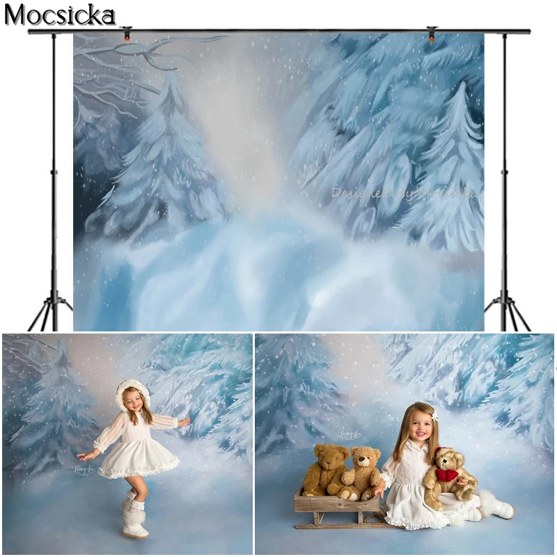 Mocsicka Snow Scene Pine Photography Background Hand Drawn Style Blue Backdrop Child Portrait Photo Decoration Props Studio