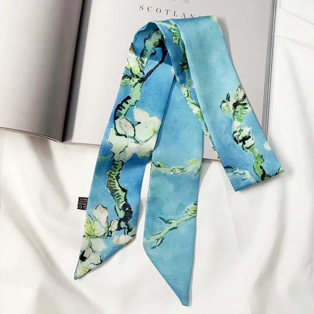 Spring Classic Van Gogh Oil Painting Series Starry Sky Wheat Field Apricot Flower Lady Twill Tie Bag Ribbon Headband Small Scarf