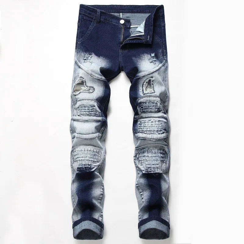 

Holes Jeans Patch Patch Elastic Force Jeans Tide Male Pants Fashion Men's Jeans Pants Motocycle Denim Trousers Brand Straight