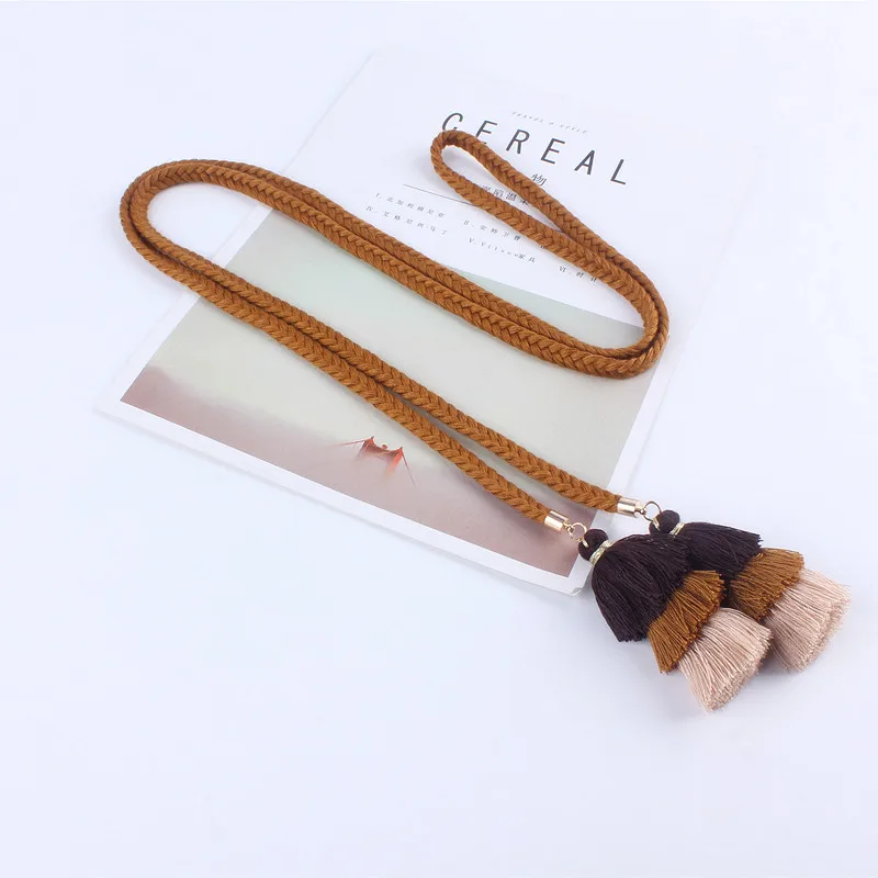 

fashion women belts rope for dresses tassel Braided waistband belt Twist weaving knot decorated belt brown black cotton string