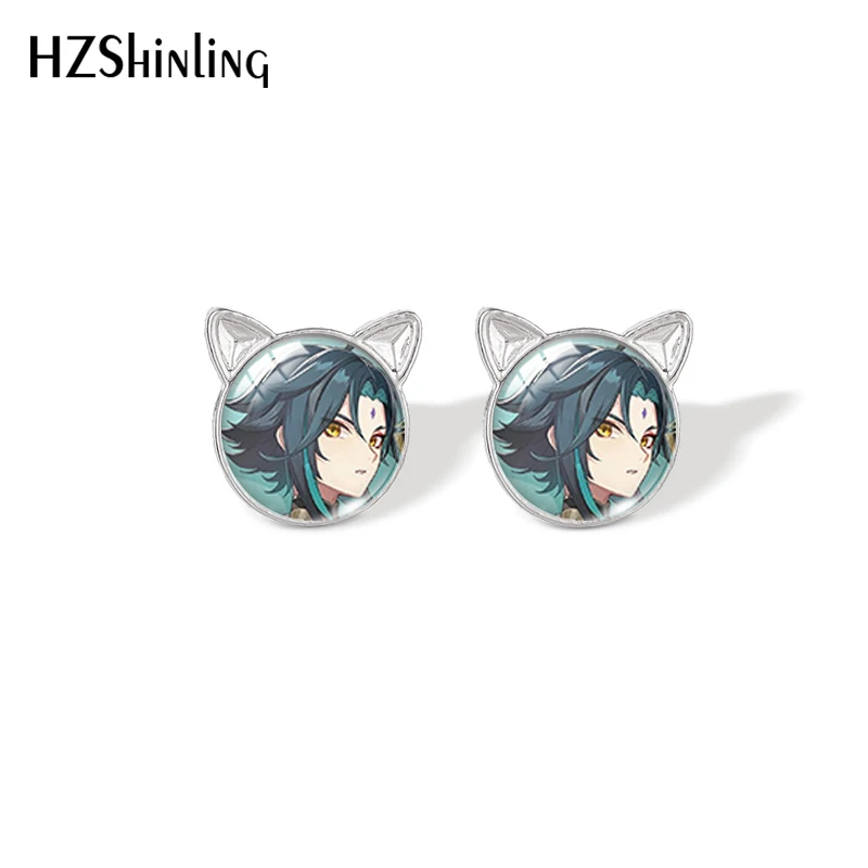 Genshin Impact Xiao Wendy Cartoon Pattern Cats Ear Style Glass Cabochon Stud Earrings Fashion Jewelry Earrings of Women