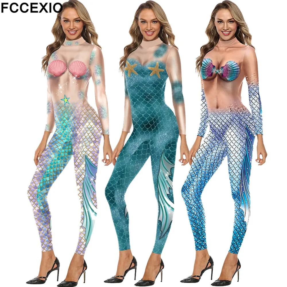 FCCEXIO 3 Colors Mermaid Cosplay Costume Jumpsuits Women Colorful Printing Party Clothing Fashion Catsuits Skinny Sexy Jumpsuit