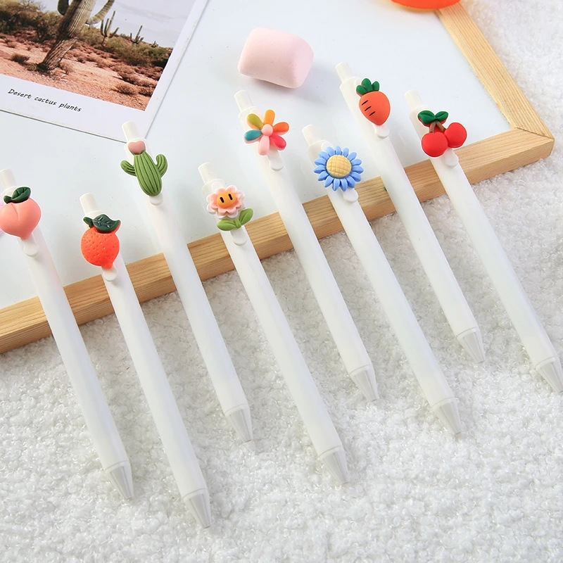 

8PCS NEW Cute Cartoon fruit Pressing Gel Pen 0.5mm Press Black Gel Pen Large Capacity Quick Dry