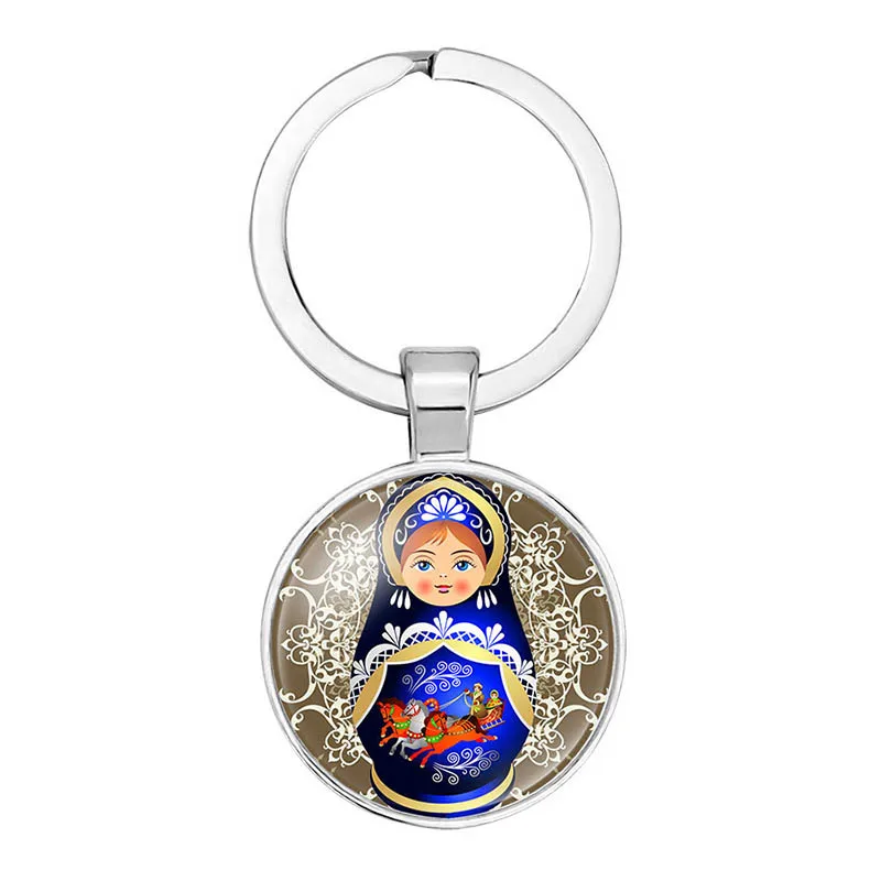 Tradition Russian Doll Keychain Matryoshka Cute Dolls Handmade DIY Art Pattern Glass Gems Keyring Chain Holder Car Charms